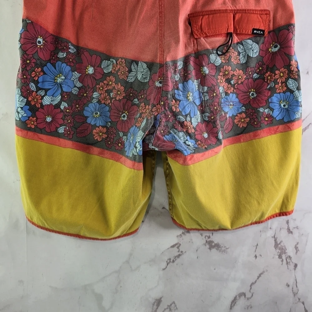 RVCA Swim Trunks Mens 34 Red Yellow Floral Board Shorts Lace Up Vintage